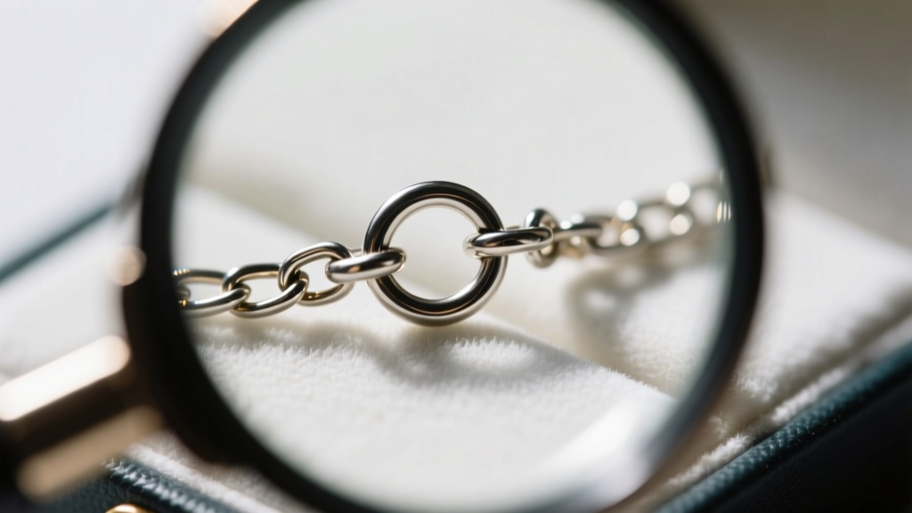 Close-up through a loupe of a tiny 4mm spring ring clasp on a micro-box chain, revealing the delicate solder joint detail.
