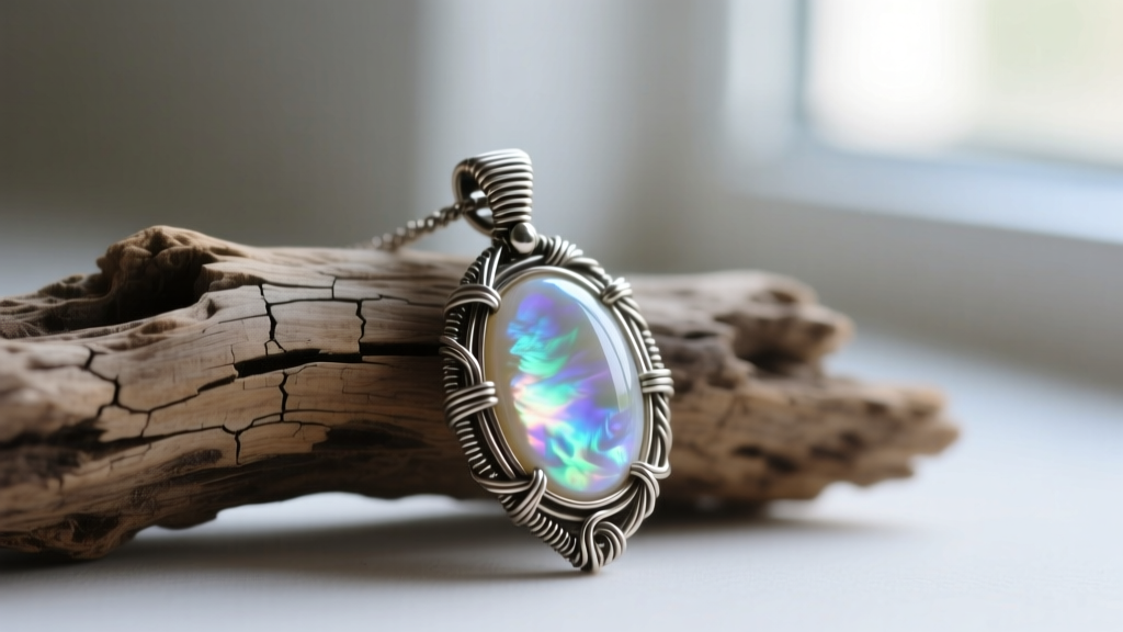 Macro shot of a wire-wrapped mother-of-pearl pendant paired with a moonstone cabochon, resting on textured driftwood.