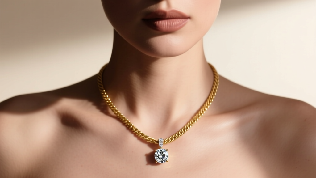 Close-up of a woman wearing a 20.0 inches gold cable chain necklace with a diamond pendant resting gently on her upper chest area