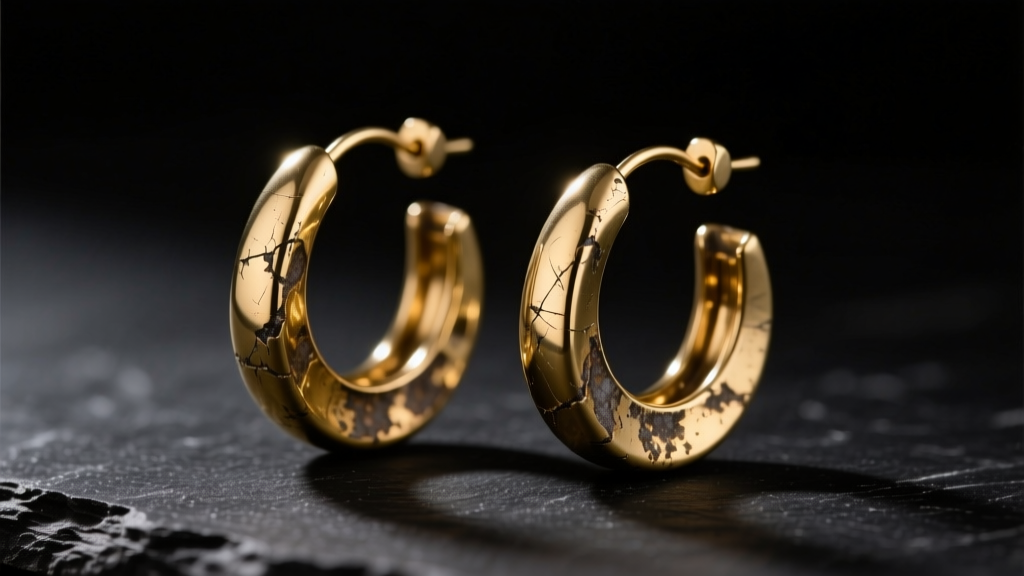 Macro shot of cheap brass hoop earrings showing slight tarnish and micro-plating wear on dark slate with moody lighting.