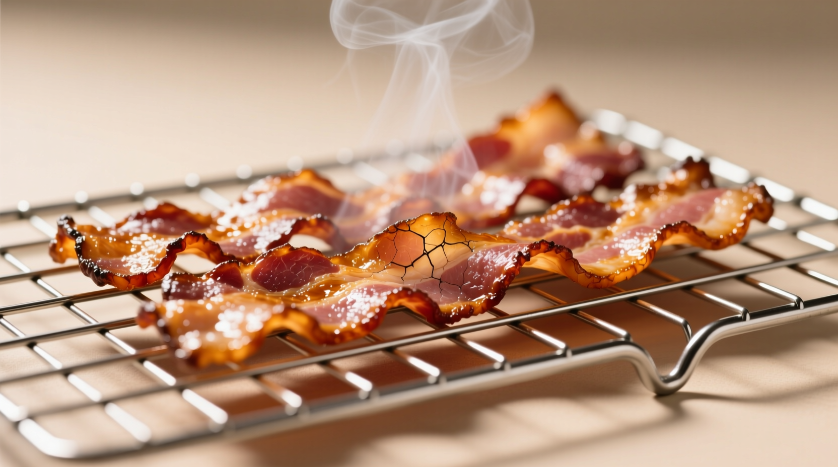 Perfectly cooked crispy bacon on wire rack