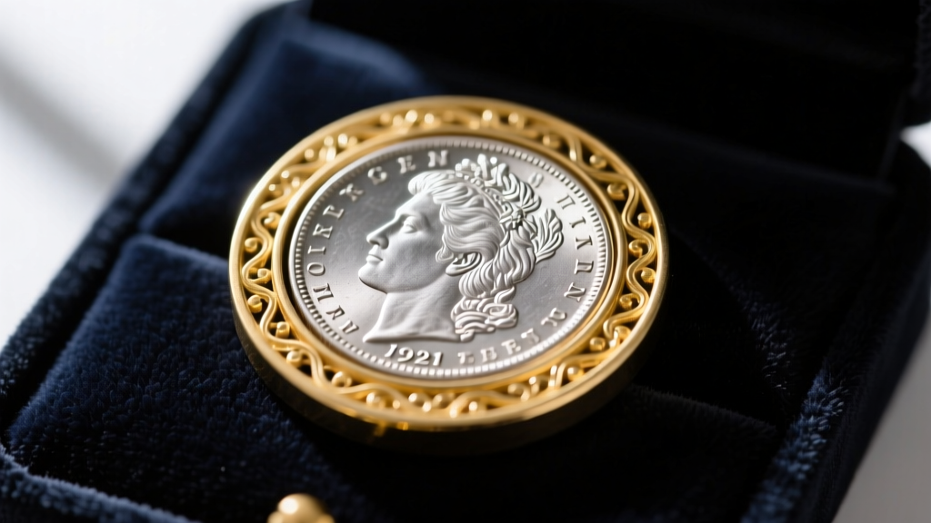A high-resolution macro shot of a vintage 1921 Morgan Silver Dollar set in a 14k yellow gold bezel, resting on dark velvet.