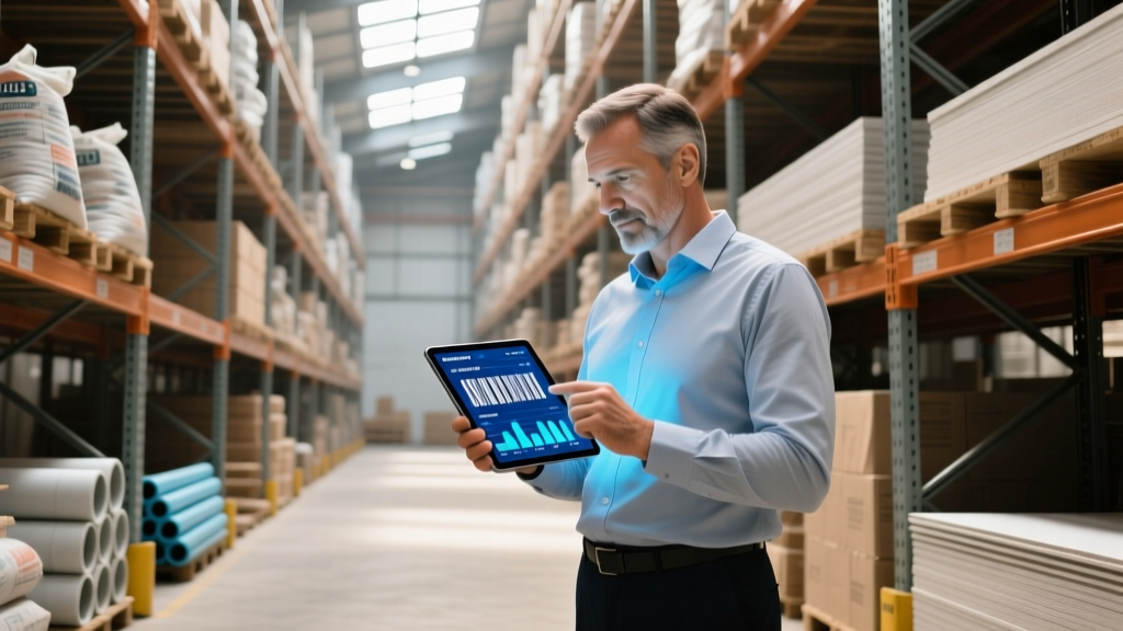 Logistics manager reviewing supply chain analytics and classification codes on a tablet inside a wholesale building materials warehouse