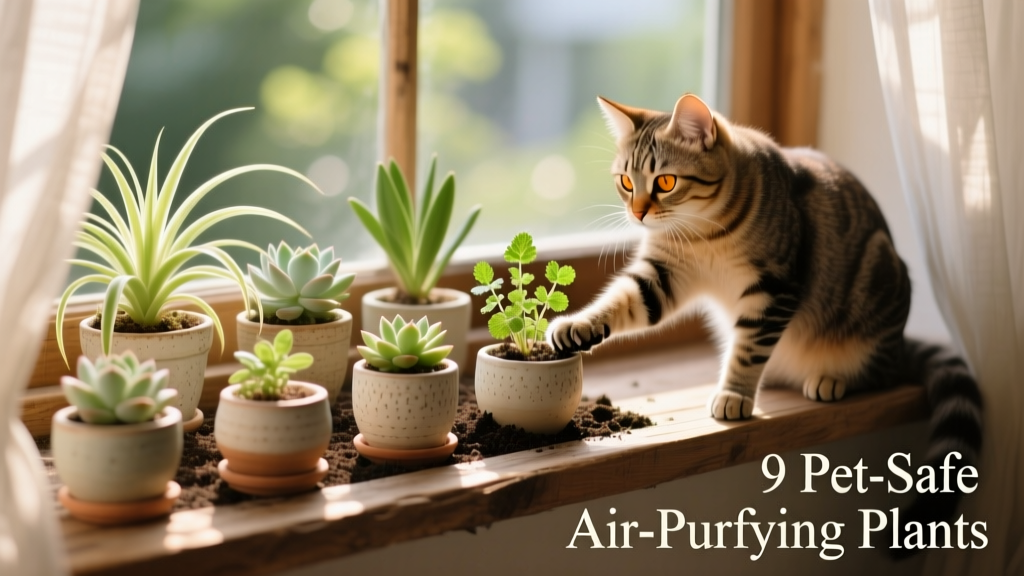 Small succulent garden on a sunlit windowsill with a cat gently pawing nearby