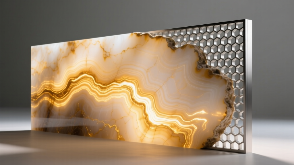 Backlit translucent onyx stone veneer glowing warmly, highlighting natural veins and aluminum honeycomb backing at the edge.