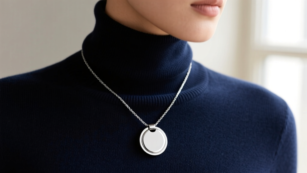 Sterling silver air tag necklace on a navy turtleneck, showcasing the seamless bezel and hidden clasp design in natural daylight.