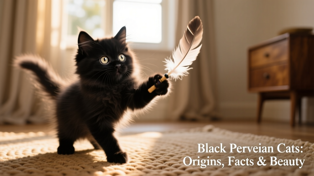 A black Persian kitten playfully batting at a feather toy, highlighting its soft fur and bright, curious eyes