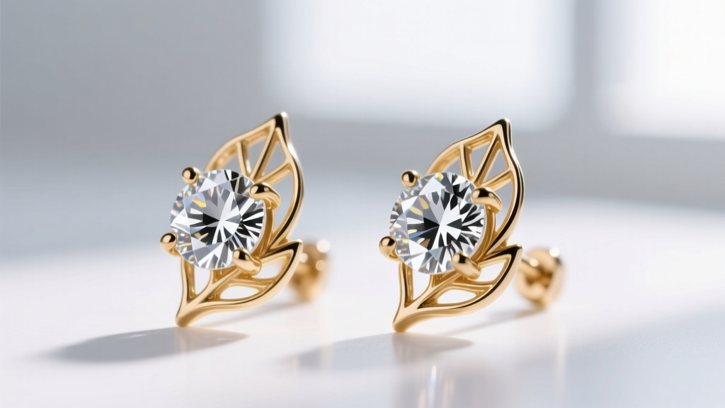 Macro photography comparing natural and lab-grown diamond leaf earrings, showing identical brilliance and delicate prong settings.