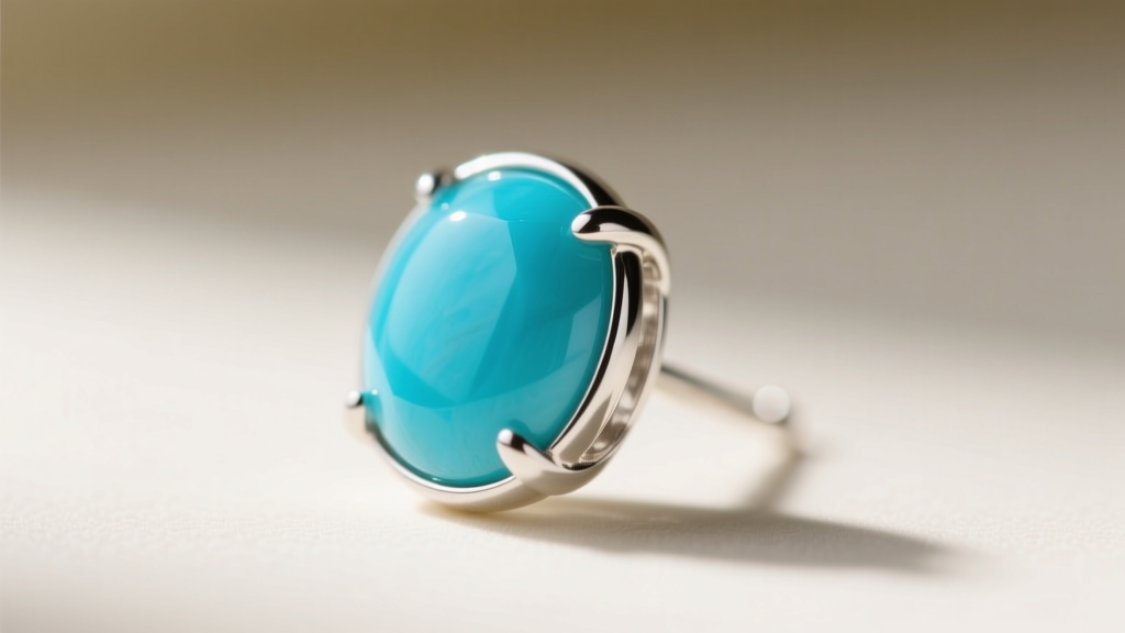 Macro shot of a turquoise blue earring in a silver bezel setting, highlighting the metal rim protecting the soft stone edge.