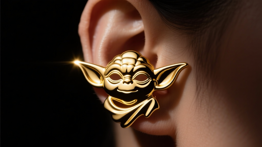 Gold Yoda silhouette ear cuff wrapping around upper cartilage, highlighted against a dark moody background with subtle rim lighting