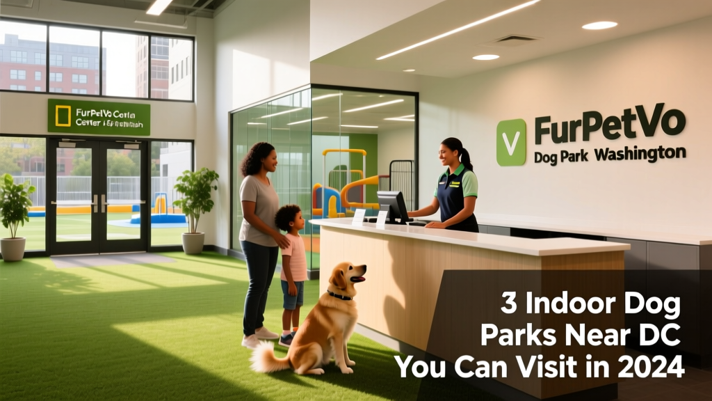 The modern, bright interior of the FurPetVo Center dog park in DC, showing clean turf, signage in both English and Spanish, and a staff member assisting a family at the welcome desk