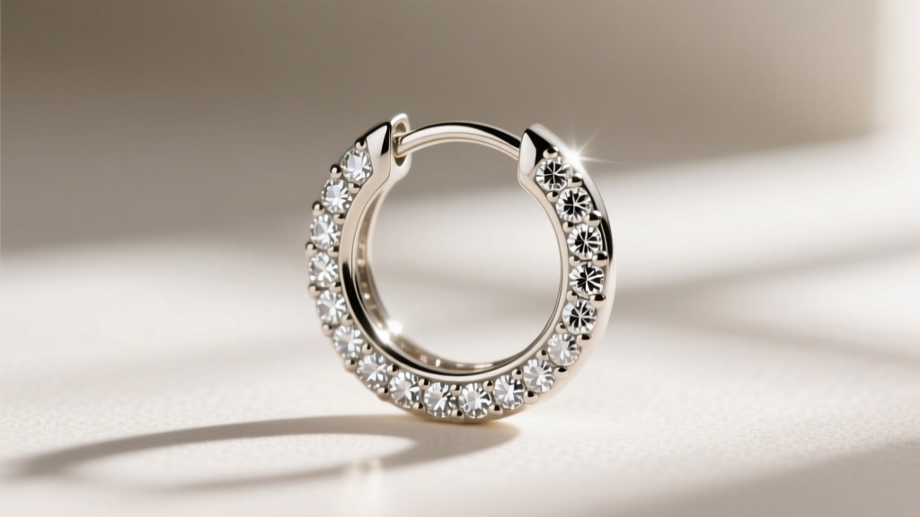 Close-up of channel-set 2 inch diamond hoop earring in 14k white gold, showing aligned melee diamonds and sturdy metal walls