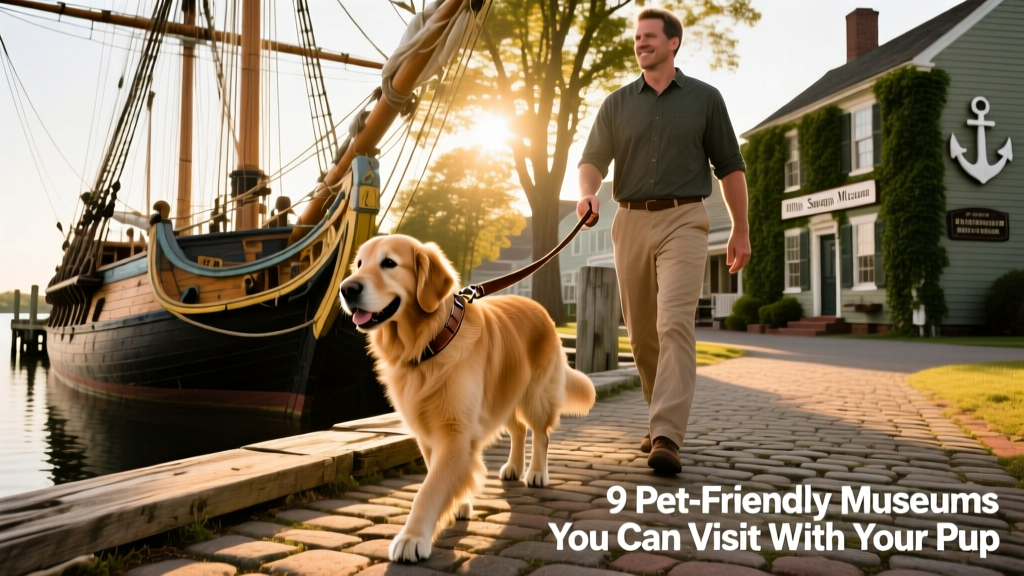 A leashed dog walking beside a historic wooden ship at Mystic Seaport Museum’s waterfront village