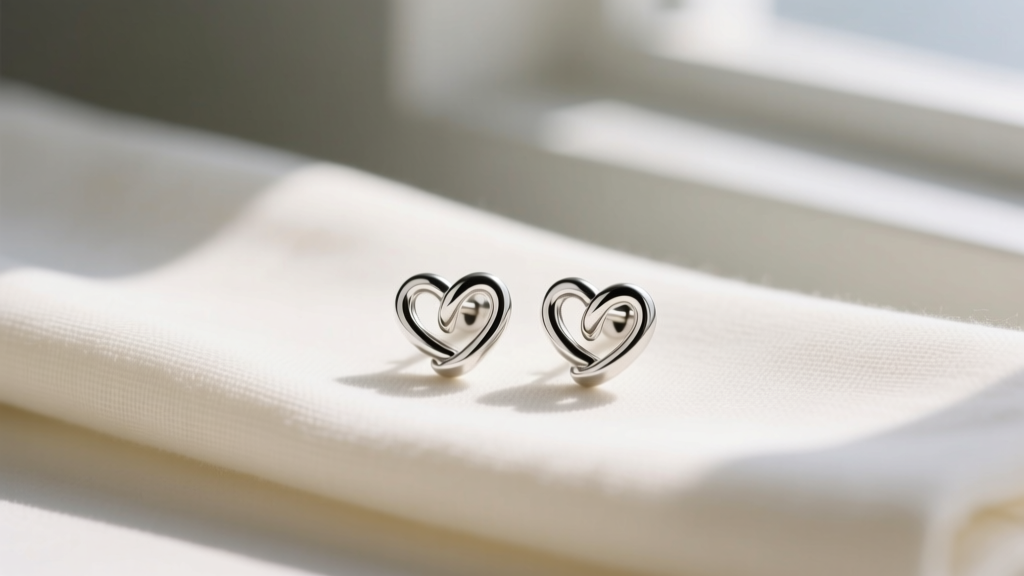 Sterling silver James Avery heart knot stud earrings on cream linen, illuminated by soft directional natural window lighting.