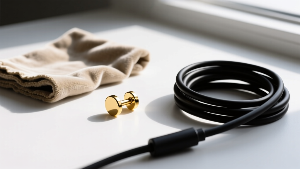 Flat lay gift box showing a 16-gauge solid gold flat-back labret stud and polishing cloth beside a coiled guitar cable