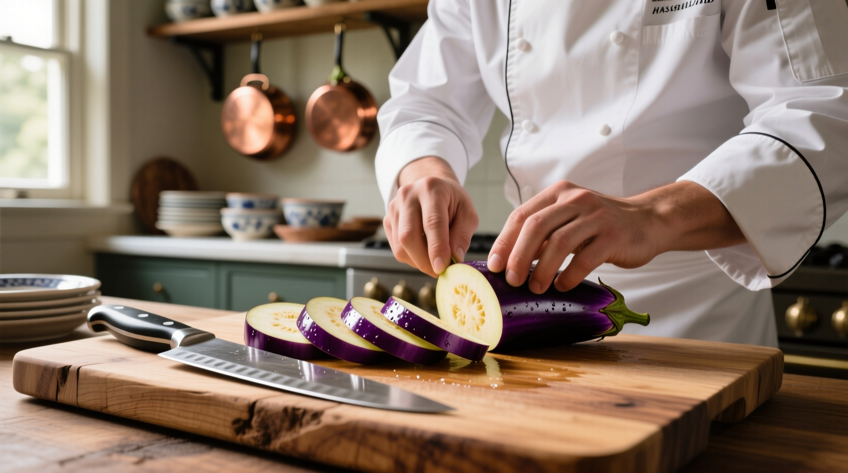 Chef preparing eggplant slices on cutting board