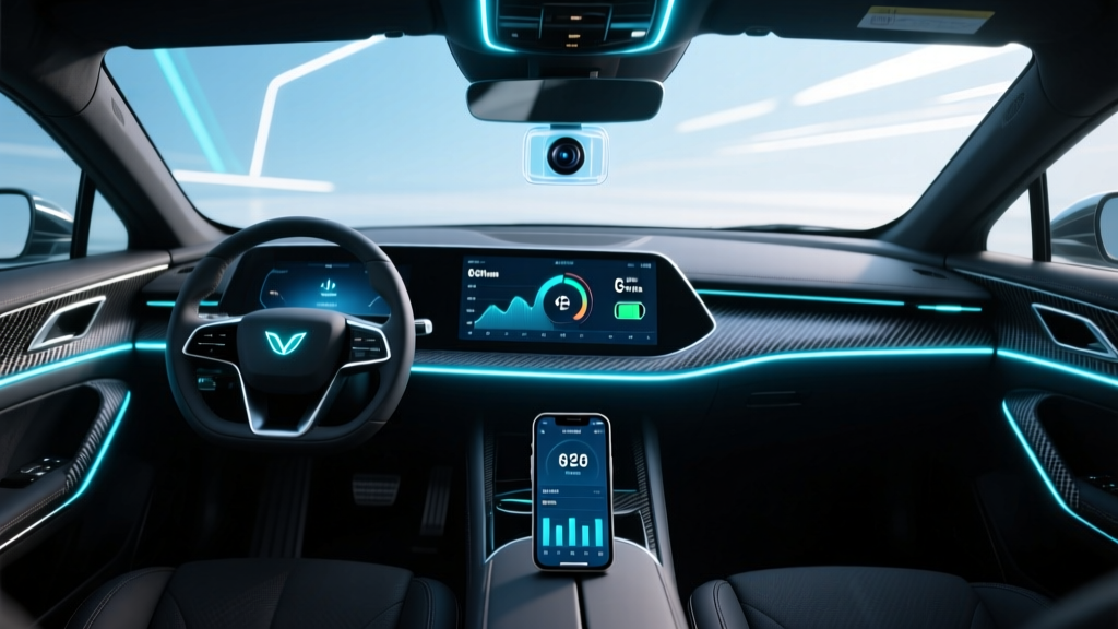 Futuristic car interior glowing with ambient LED lights, a sleek dash cam on the windshield, and a smartphone displaying telemetry data.