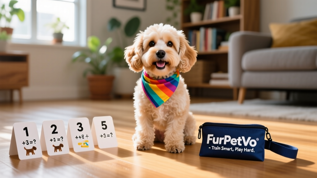A happy Mini Cockapoo wearing a colorful bandana, sitting beside a set of numbered dog-training cards and a FurPetVo-branded treat pouch