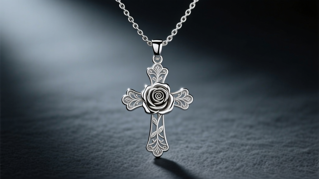 Silver cross and rose pendant on 18-gauge cable chain, dark slate background, moody lighting, detailed macro jewelry photography.