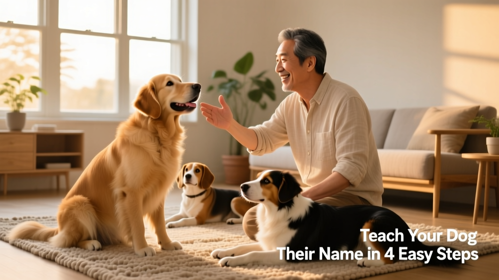 Owner calling one dog by name while two others calmly rest nearby