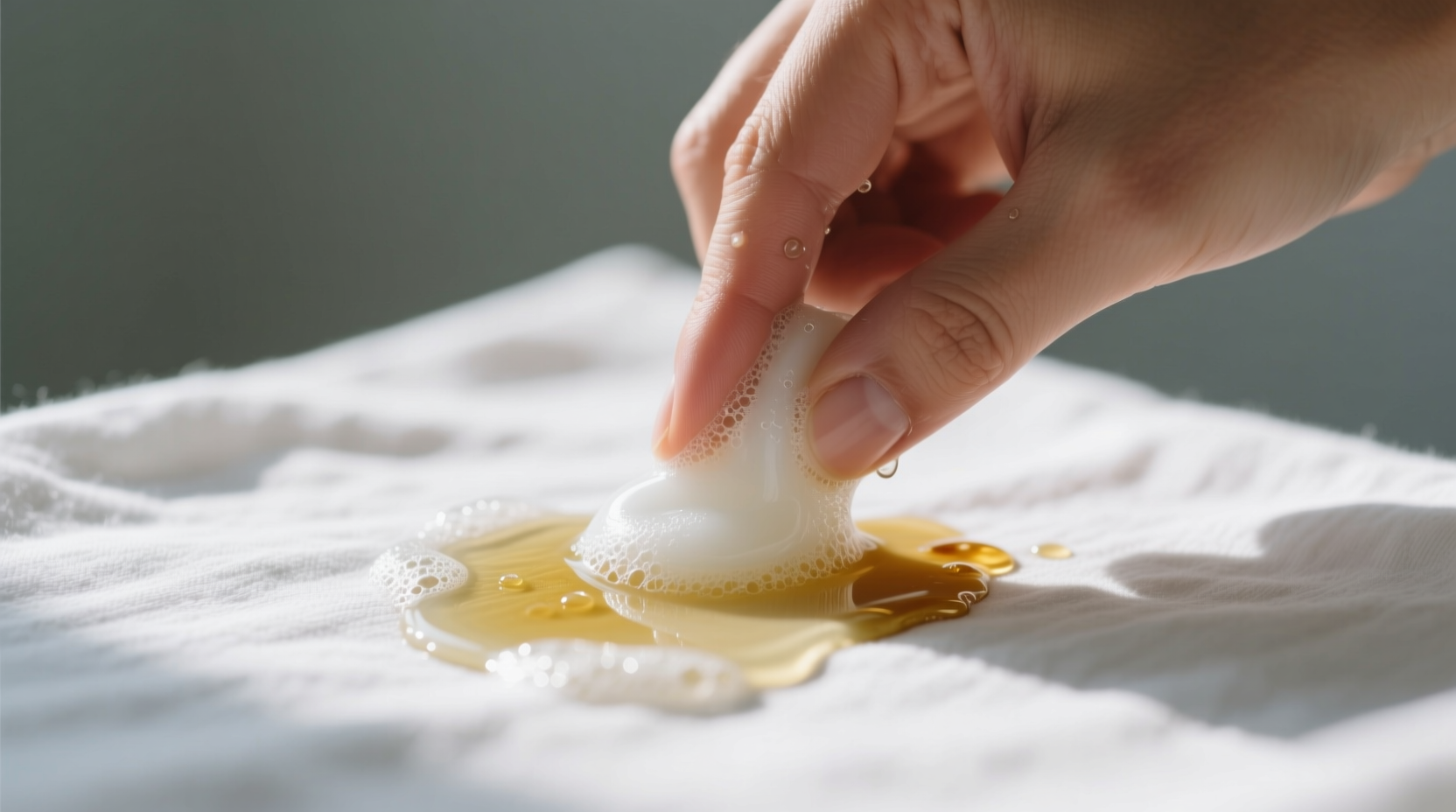 Hand applying dish soap to oil stain on white fabric