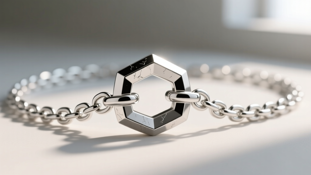 Macro photo of a 925 sterling silver chain necklace with an oversized geometric toggle clasp and brushed metal finishing details