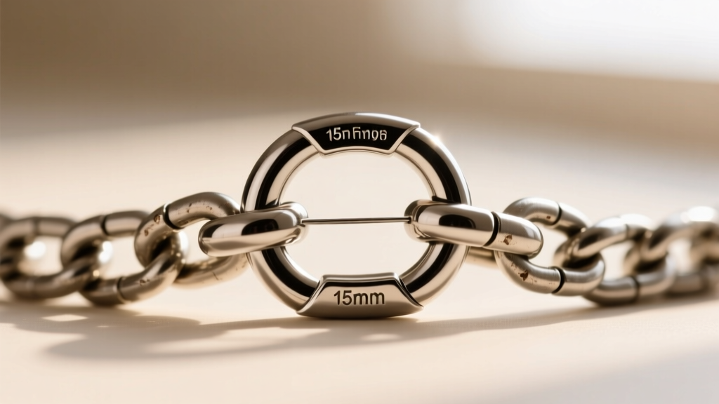 Macro photography of a 15mm heavy-duty stainless steel lobster clasp being attached to the end ring of a thick 5mm Figaro chain link.