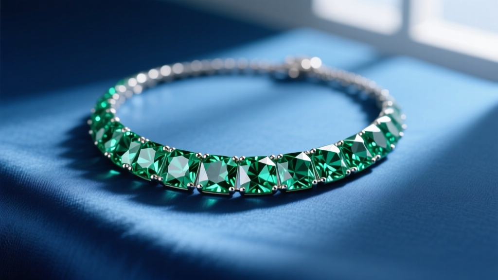 Close-up of an emerald-cut simulant diamond necklace resting on blue silk, highlighting pristine facet reflections and clarity.