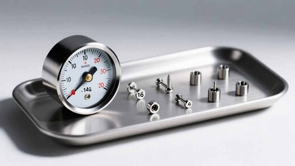 Steel gauge wheel on a piercer tray next to 16g and 14g titanium body jewelry, illuminated by bright, clean studio lighting