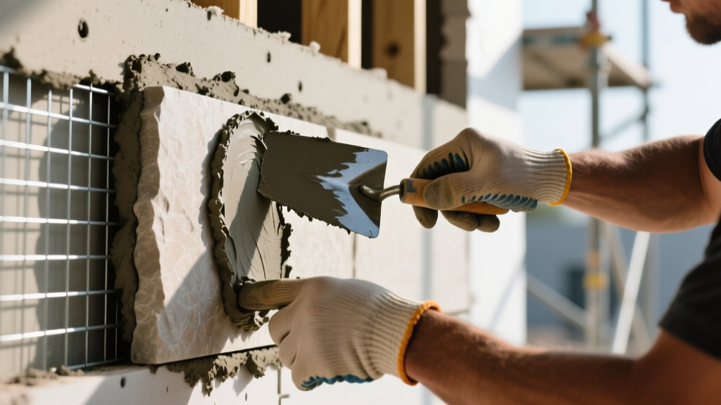Close-up of a mason applying Type S mortar to a manufactured stone veneer panel on a cement board substrate with metal lath visible.