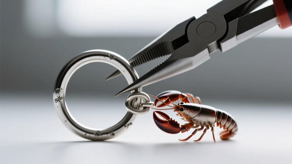 Macro photography of a 20-gauge silver jump ring and lobster clasp being repaired with fine-tipped jewelry pliers.