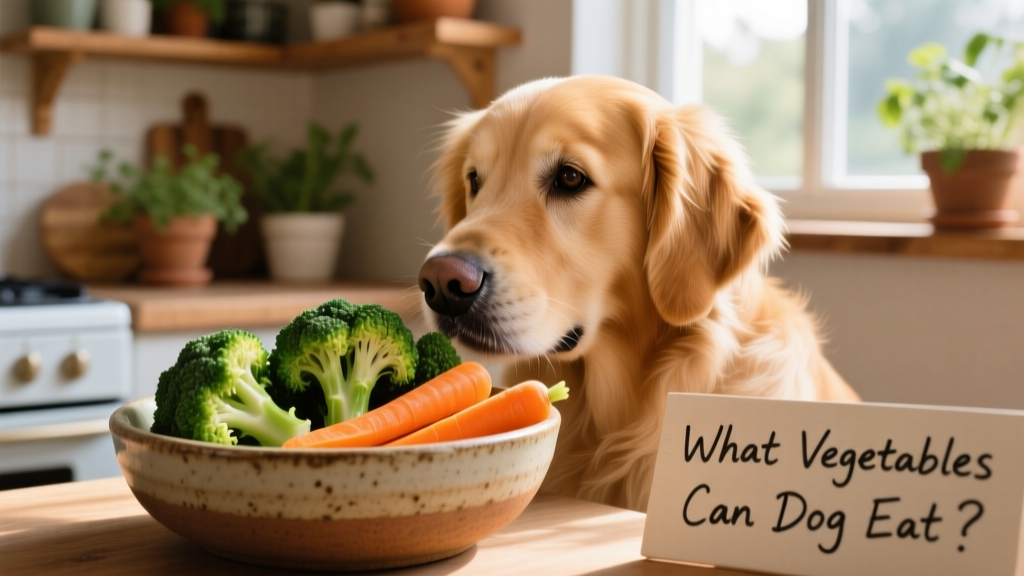 Steamed broccoli florets and sliced carrots served in a ceramic bowl beside a friendly golden retriever