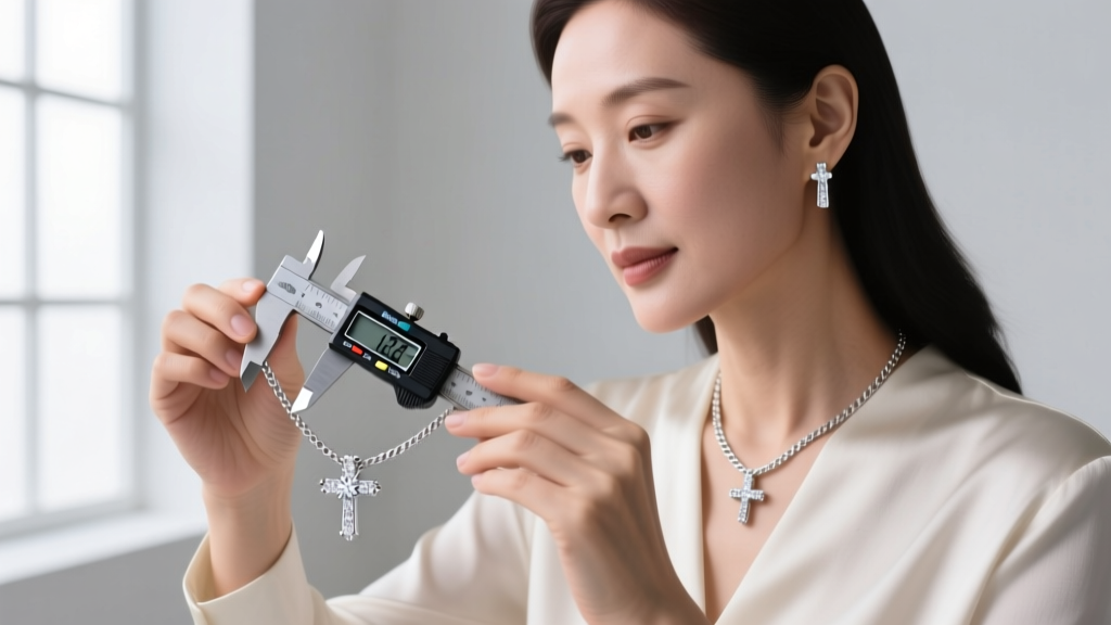 A female jeweler using digital calipers to measure the exact 1.2mm width of a delicate cable chain linked to a diamond cross.