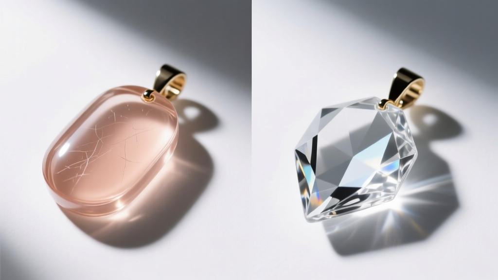 Side-by-side comparison of acrylic and glass cosmetic pendants, showing light refraction and surface finish under studio lighting