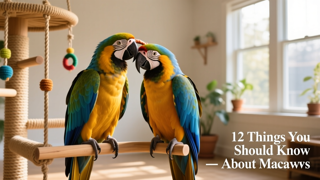 Two adult macaws side-by-side on a spacious FurPetVo playgym, one gently preening the other's head feathers