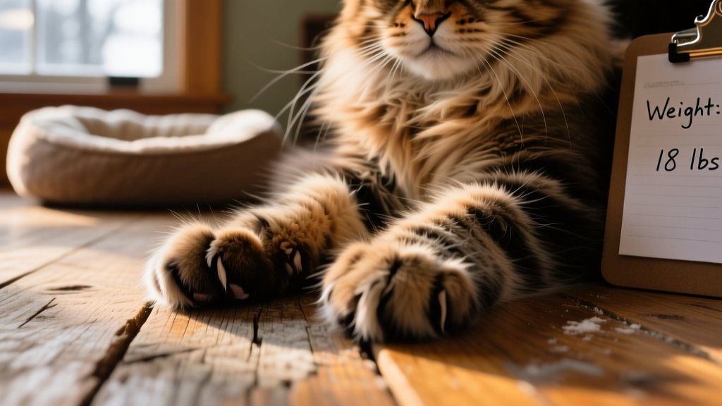 Close-up of a Maine Coon’s paws and tufted toes resting on a wooden floor, showcasing natural adaptations for cold climates