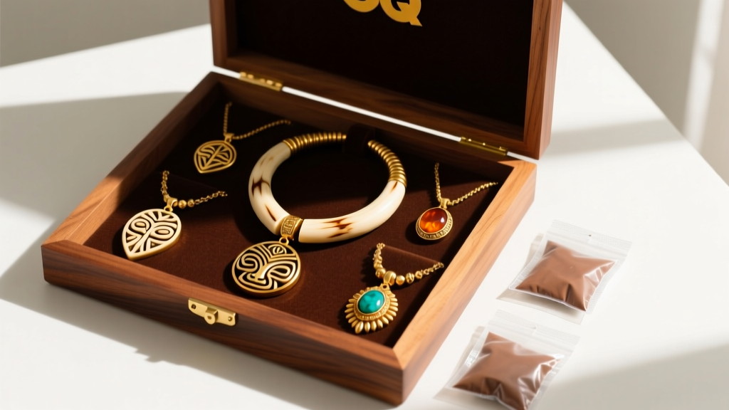 Open wooden box displaying mens Hawaiian necklaces with bone and gold pendants, stored carefully next to silica gel packets