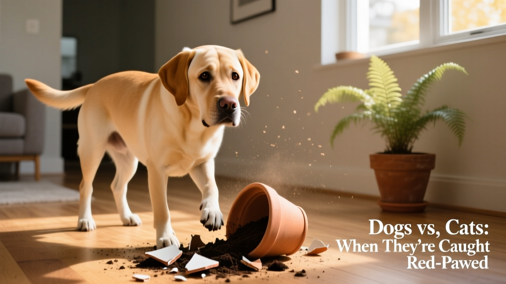 A Labrador Retriever with ears flattened and tail tucked low, looking guilty beside a knocked-over plant pot