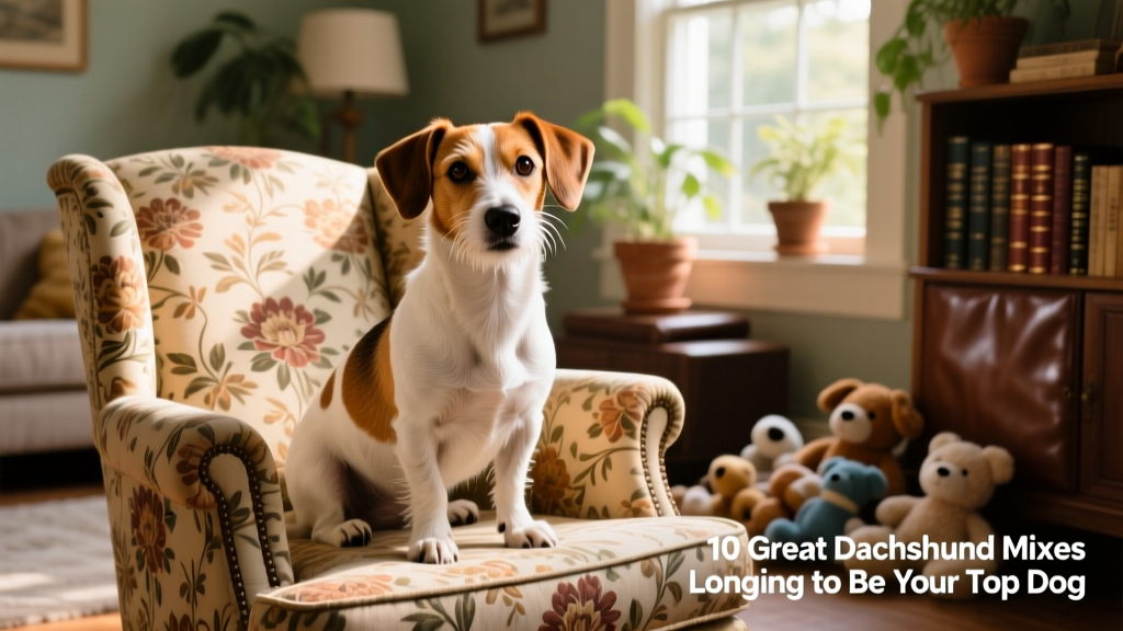 jackshund jack russell terrier dachsund mix sitting on a patterned chair