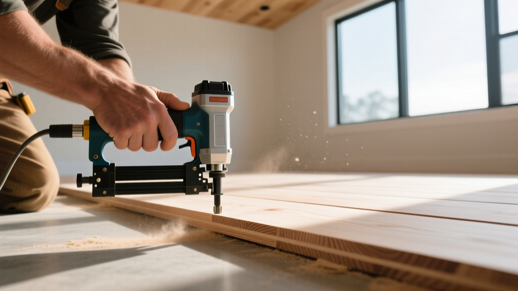 Close-up of a carpenter installing Eastern White Pine tongue-and-groove ceiling paneling using a pneumatic nailer in a sunlit room