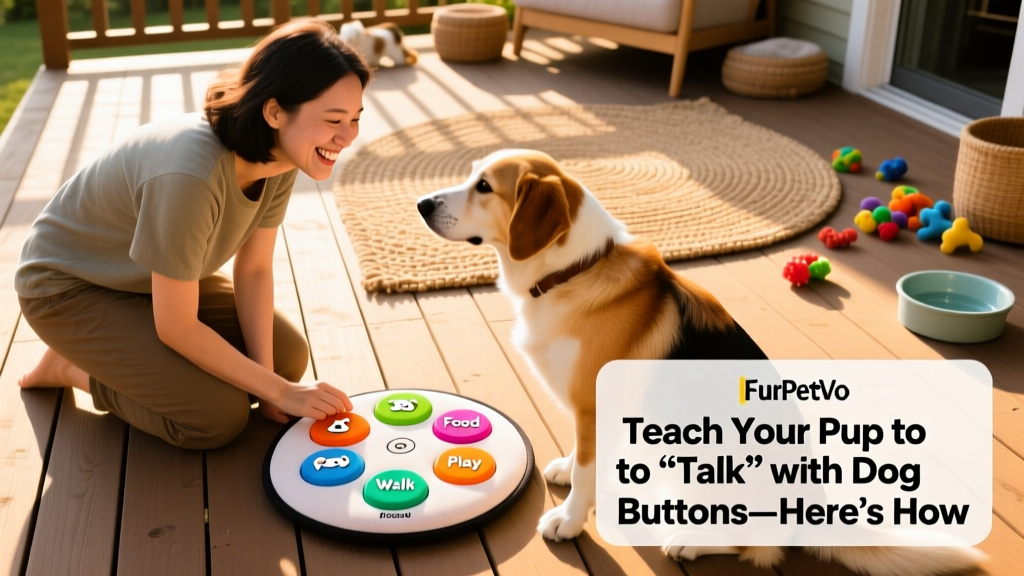 A smiling person kneeling beside their dog, both looking at a FurPetVo button mat with six colorful buttons arranged in a semi-circle