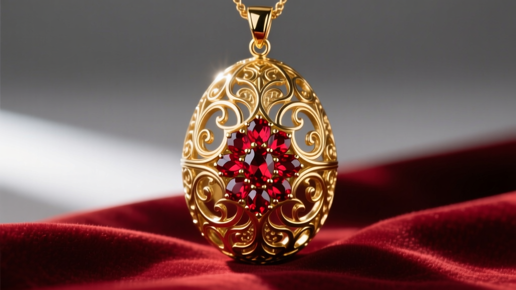 Ornate gold egg pendant with red gems on velvet, inspired by Persona 5 Queen\