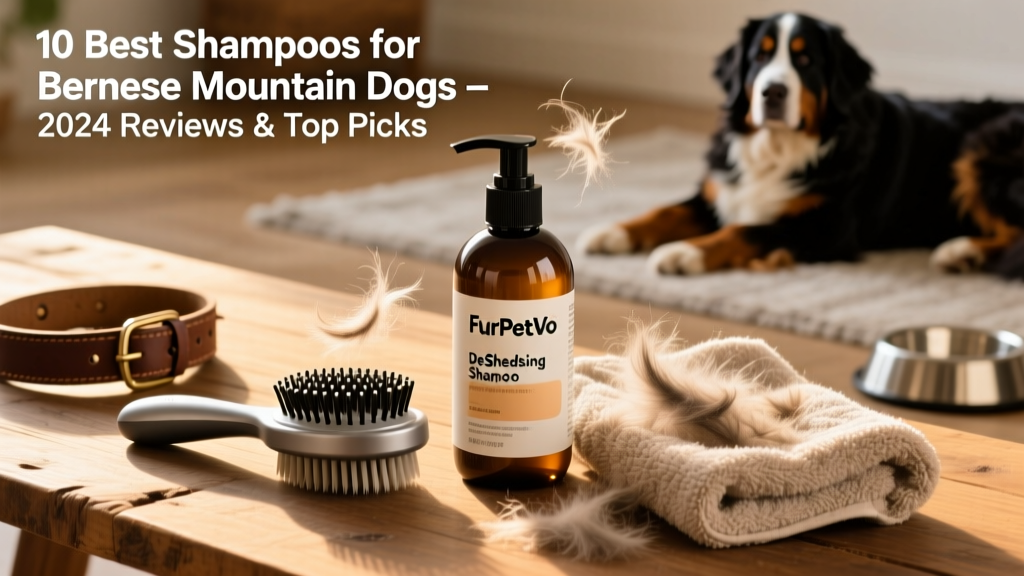 Close-up of FurPetVo DeShedding Shampoo bottle beside a brush and shedding fur on towel