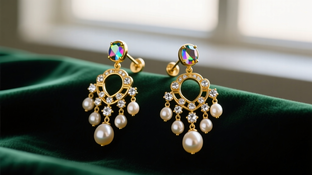 Vintage 1980s gold-tone Merle Norman clip-on earrings with faux pearls and crystals on dark emerald velvet.