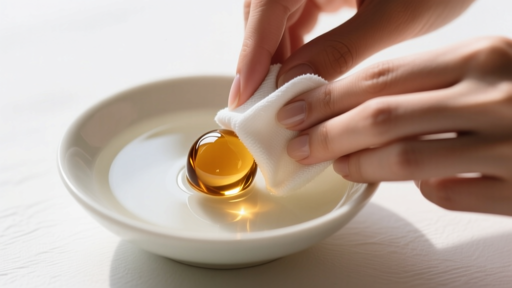 Hands gently wiping a small, smooth cognac amber bead with a damp microfiber cloth over a shallow bowl of lukewarm water.
