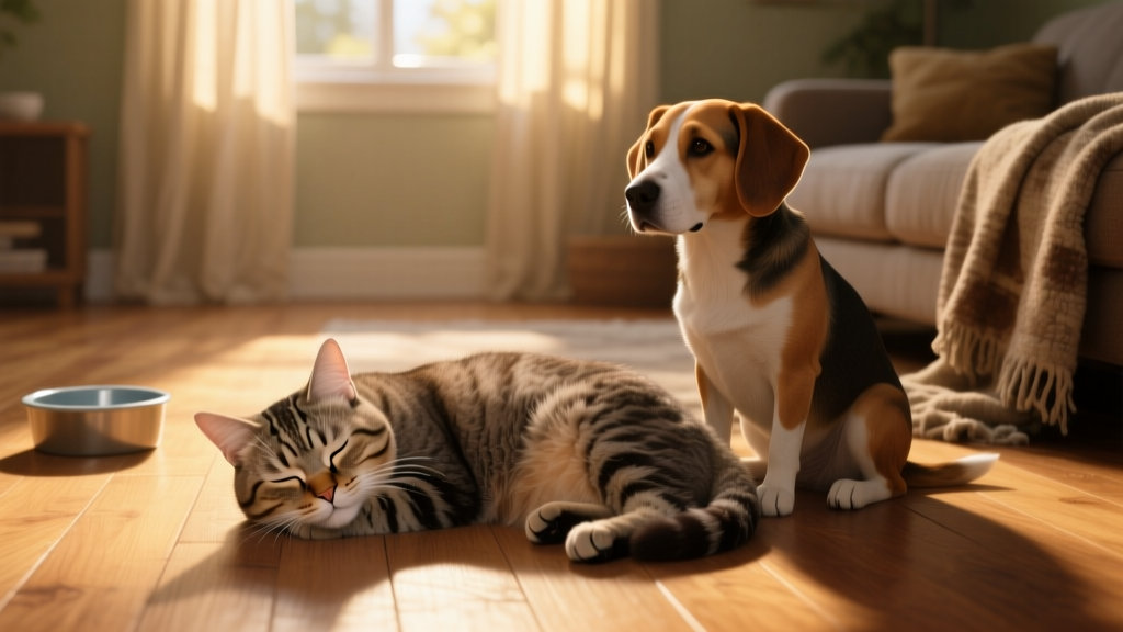 A gentle close-up of an older cat resting peacefully beside a calm, attentive dog