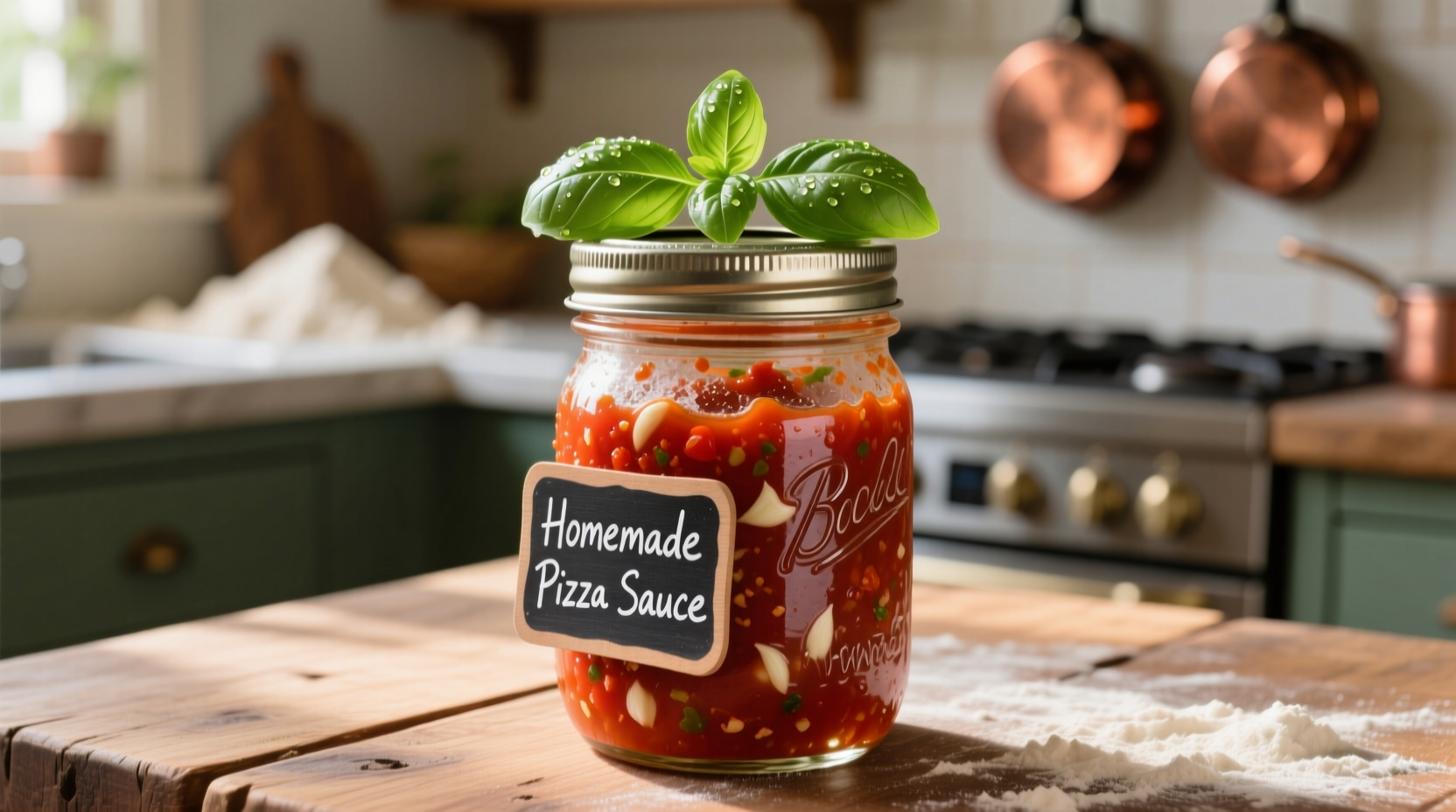 Homemade pizza sauce in mason jar with basil garnish