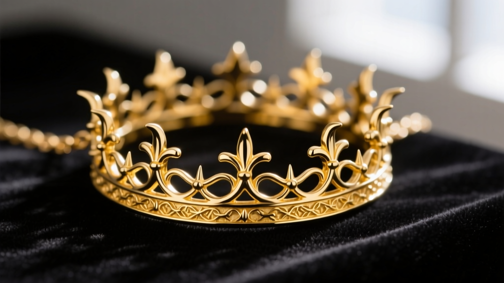 Macro photo of an 18k yellow gold crown of thorns necklace, showing intricate casting details and polished metal on dark velvet.
