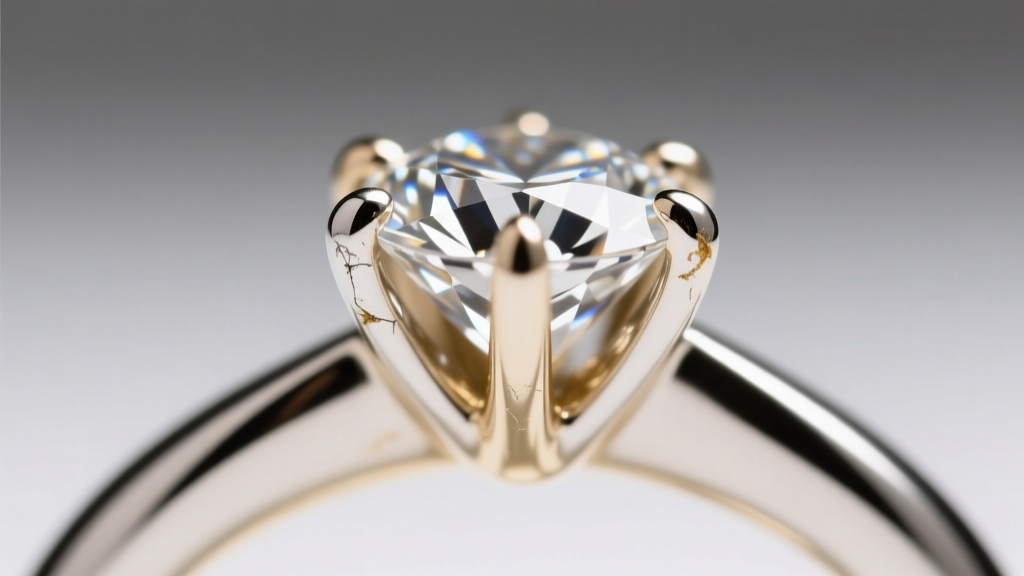 Macro photography of a four-prong 18k white gold setting holding a diamond, showing rhodium plating wear on the prong tips.