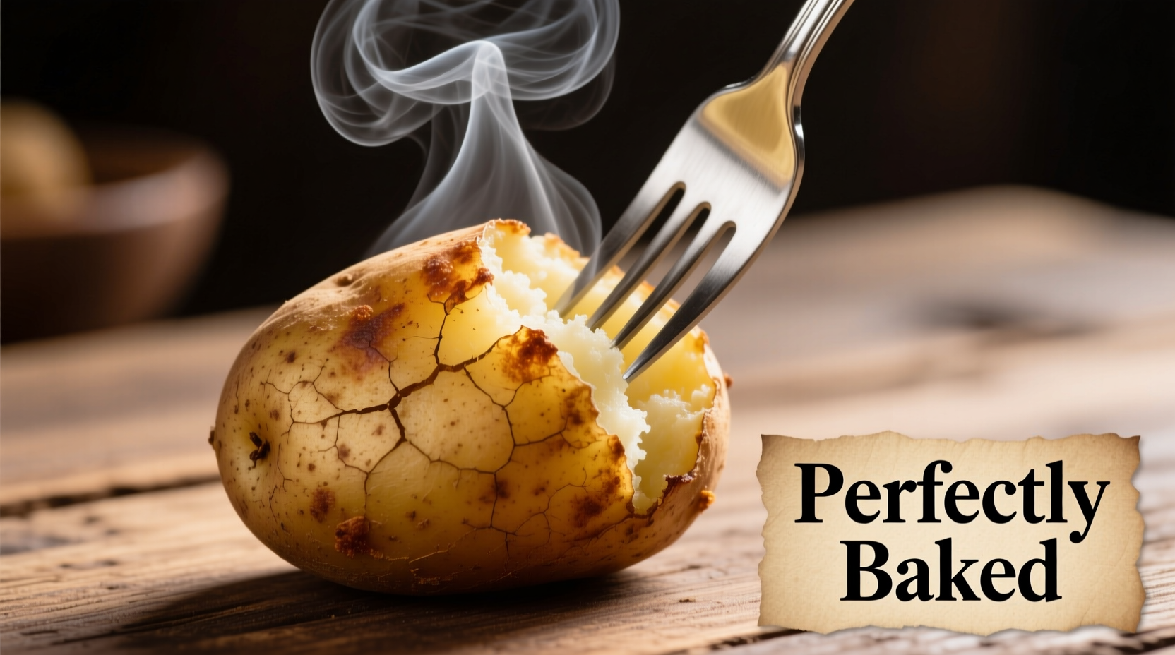 Perfectly baked potato with steam rising from fork-pierced skin
